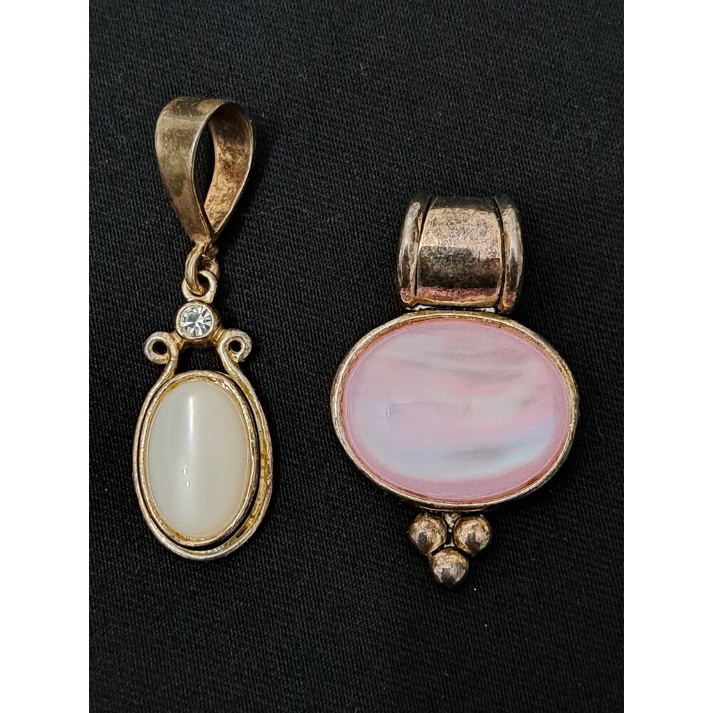 VTG MJ & Best Signed Pendants Silver Tone w/ Pink and White Oval Cabochon Stones